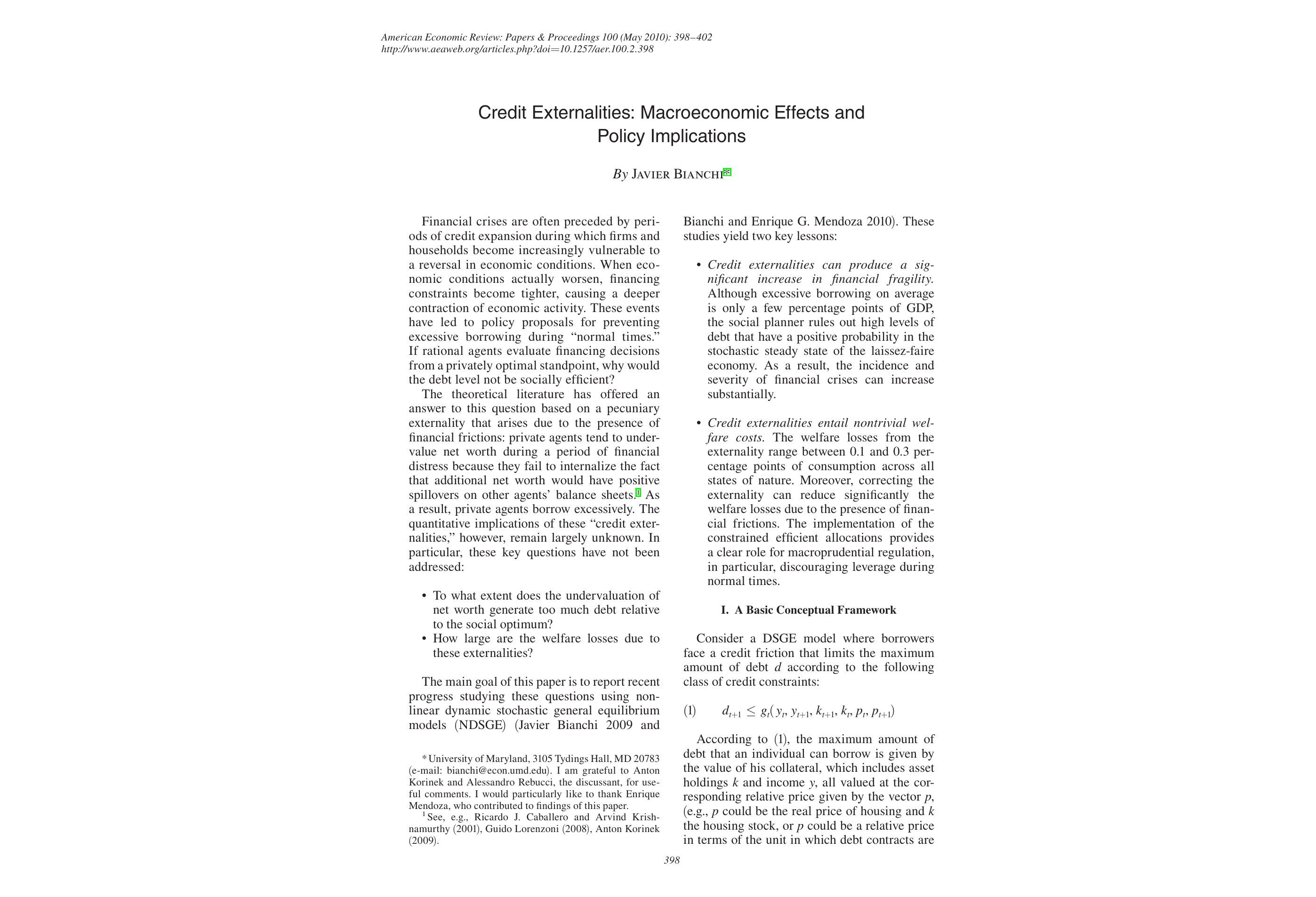First page of Credit Externalities (AER Papers and Proceedings, 2010)